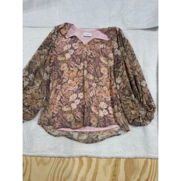 Adrienne Floral Chiffon Blouse Women M Sheer V-Neck Balloon Sleeve Romantic Boho - Picture 5 of 6